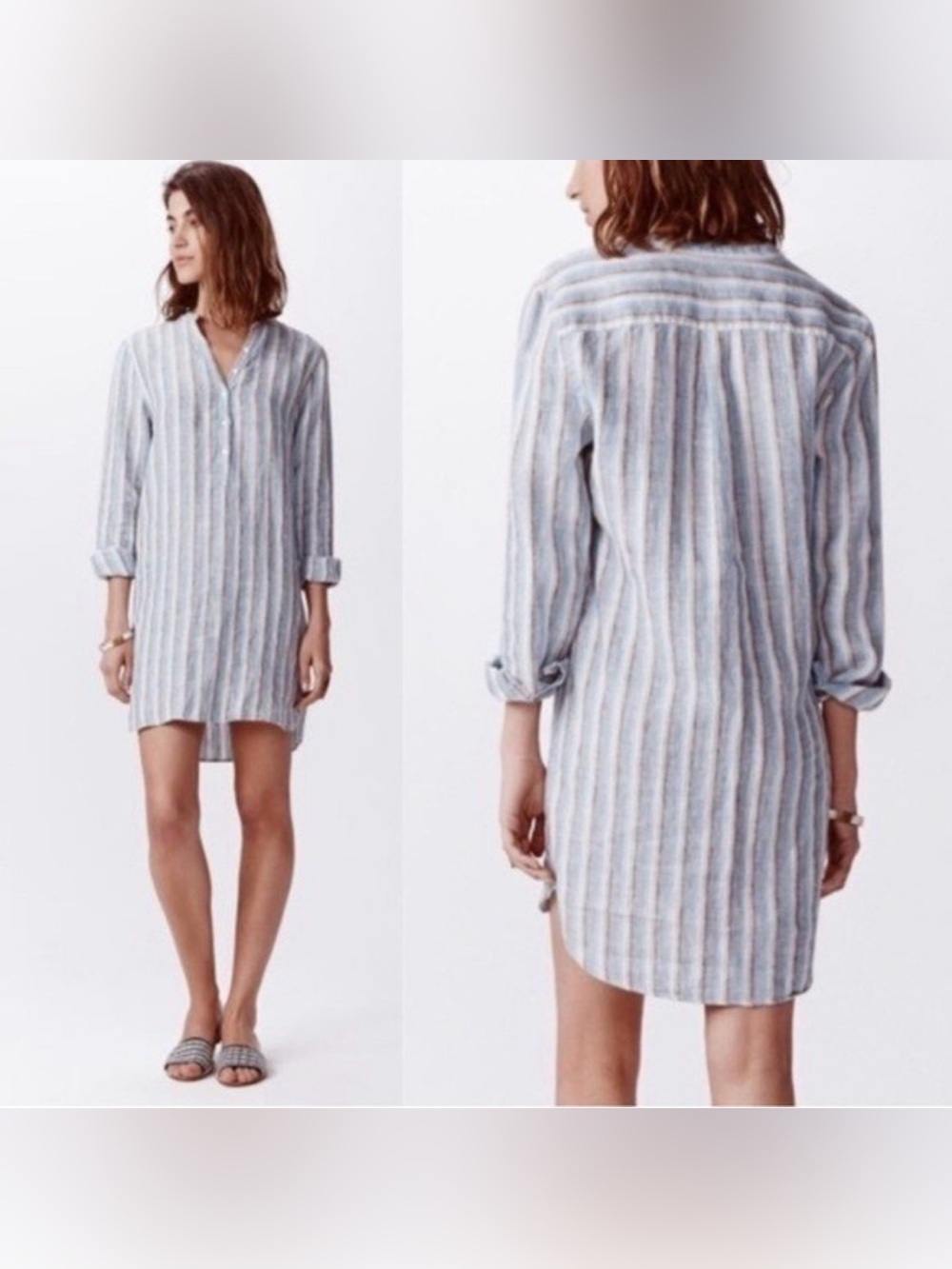 Faherty Kraine Blue White Tan Linen Tunic Dress Size M